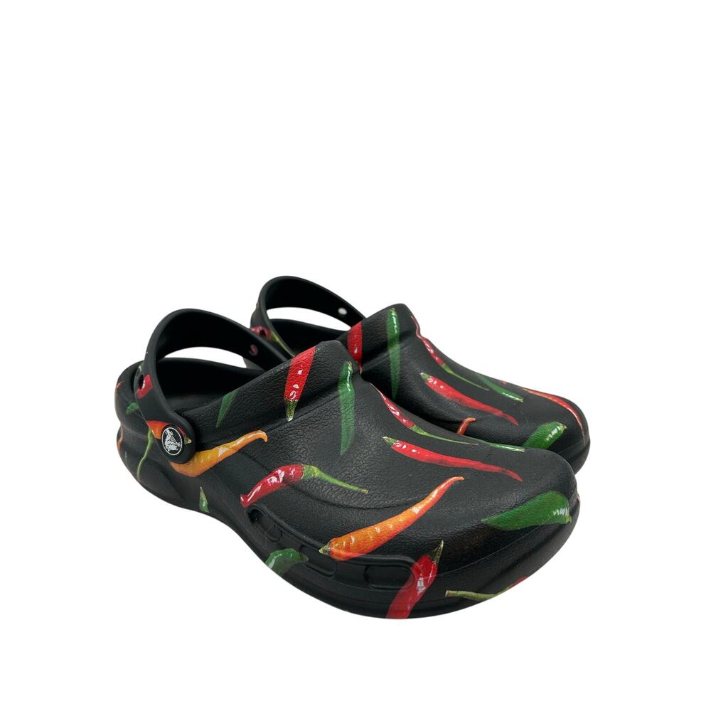 CROCS Bistro Chili Pepper Graphic  Black Clog W 8/ M6  RARE LIMITED EDITION